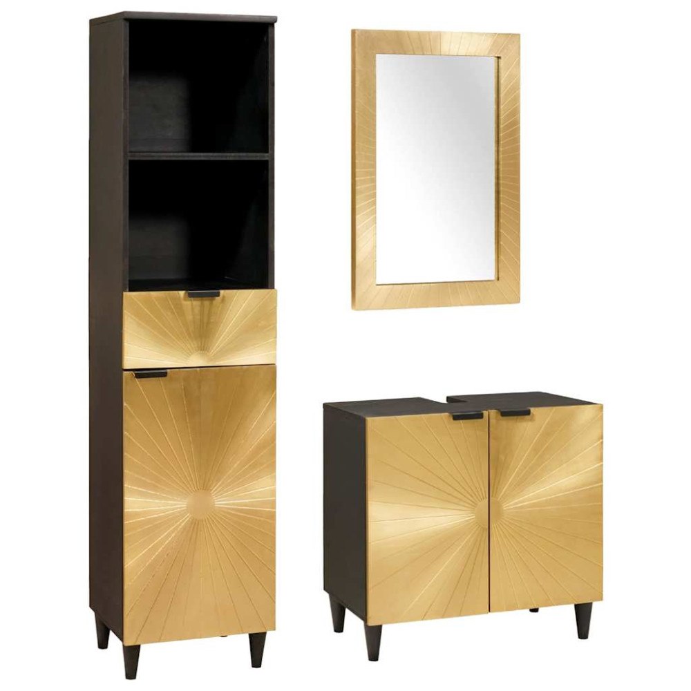 vidaXL Badrumsmöbelset med låda 3 pcs Svart och Guld massivt mangoträ