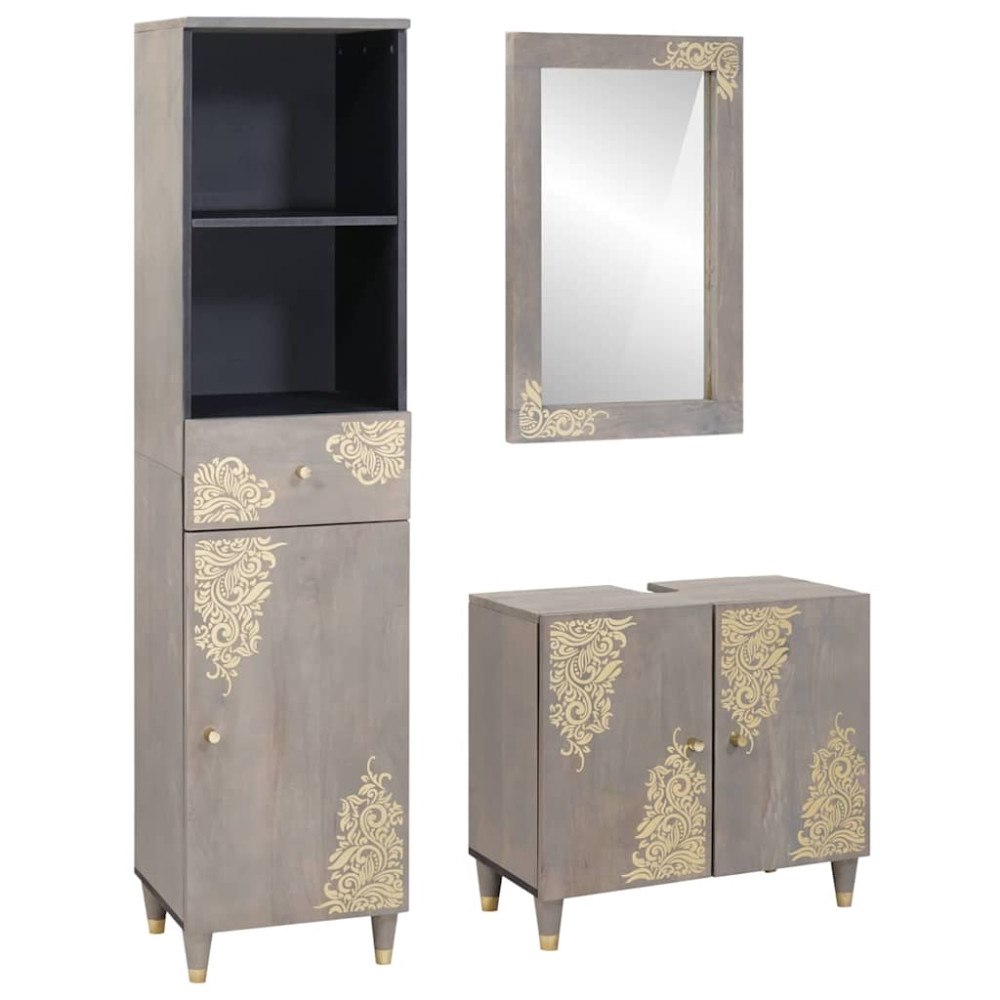 vidaXL Badrumsmöbelset med låda 3 pcs Grå Massivt grovt mangoträd