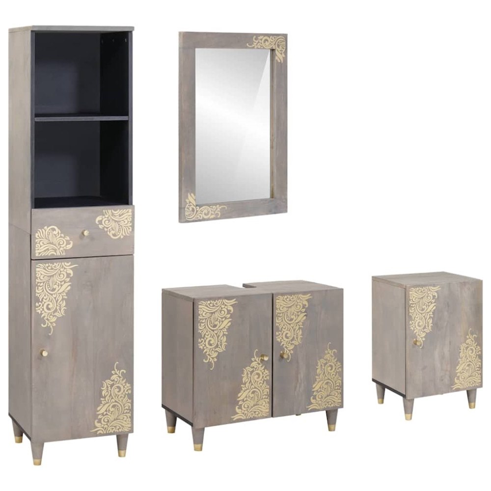 vidaXL Badrumsmöbelset med låda 4 pcs Grå Massivt grovt mangoträd