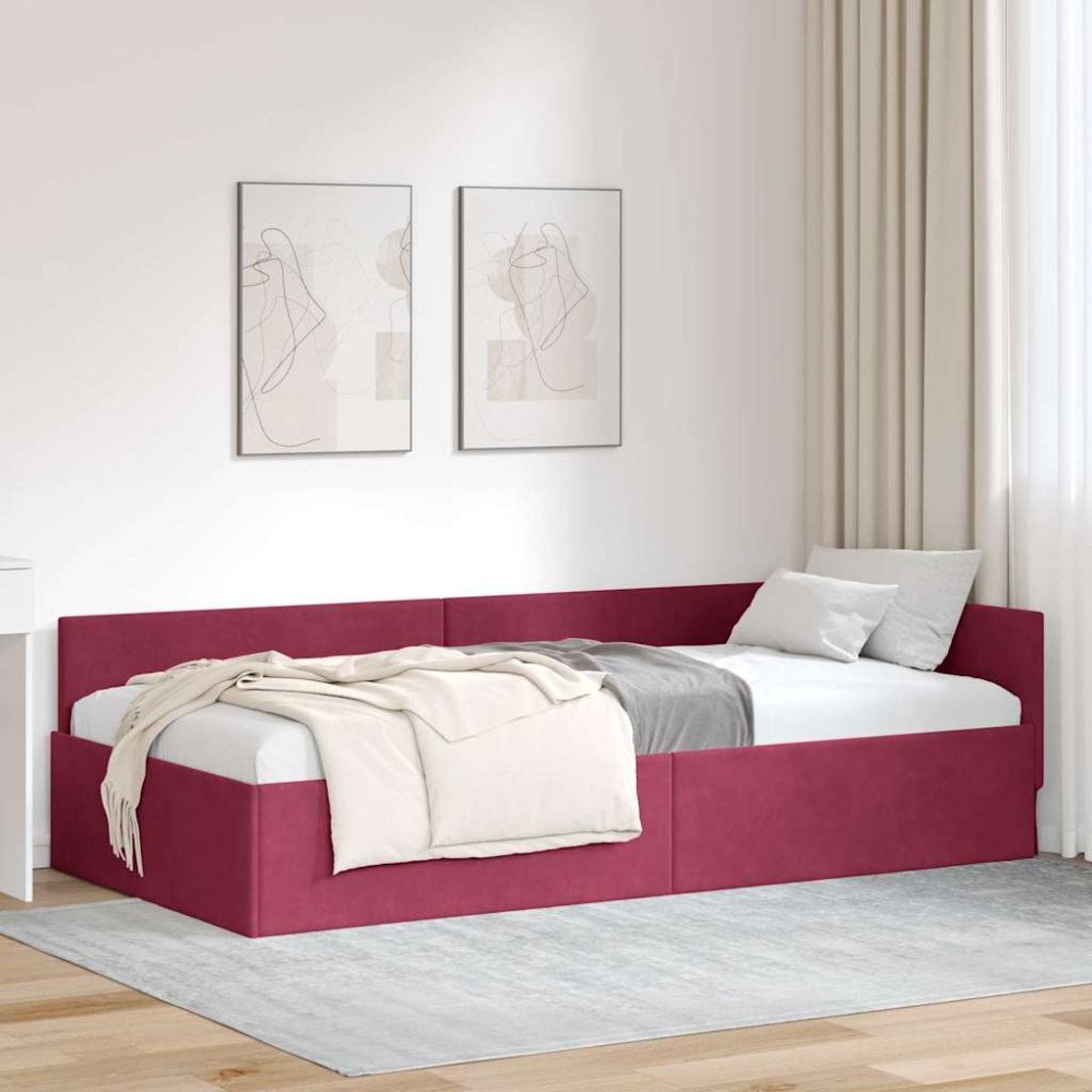vidaXL Hörn Sängram Vinröd 90 x 200 cm Sammet och konstruerat trä