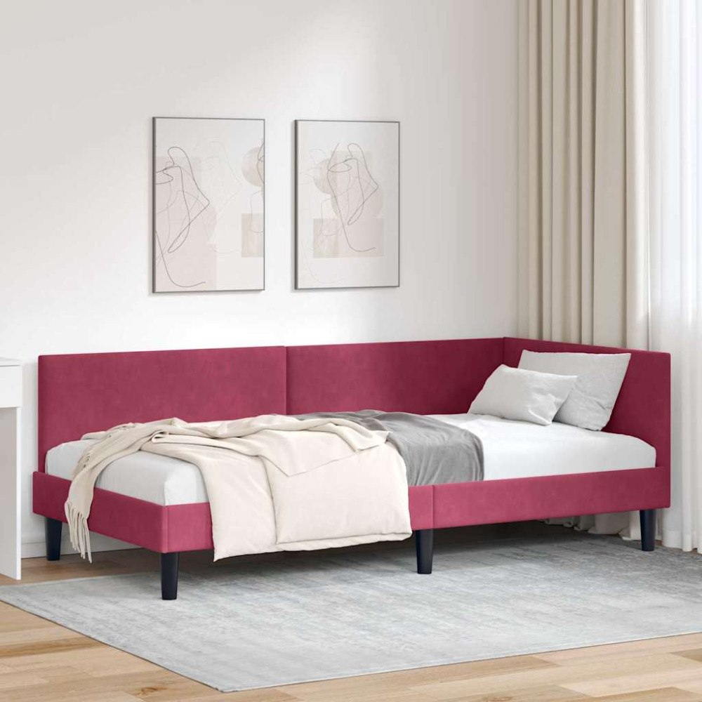 vidaXL Hörn Sängram Vinröd 90 x 190 cm Sammet och konstruerat trä