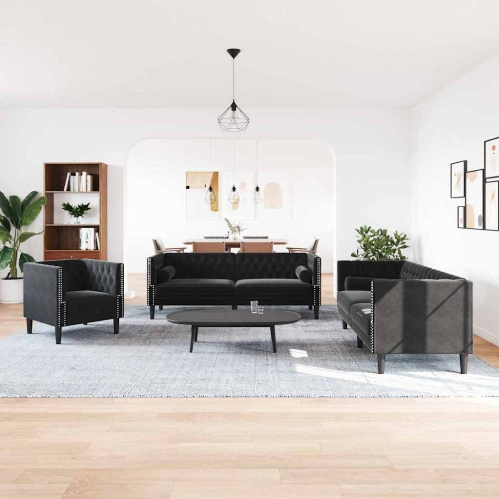 vidaXL Soffset 3 pcs Svart Sammet