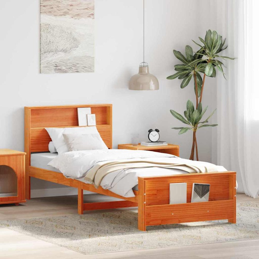 vidaXL Sängram med huvudgavel Vaxbrun 90 x 200 cm Massiv furu