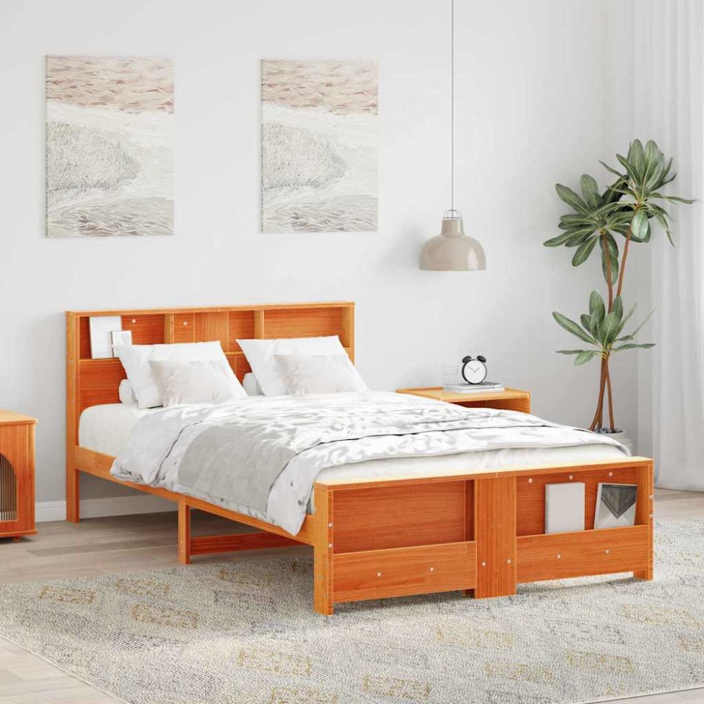 vidaXL Sängram med huvudgavel Vaxbrun 120 x 190 cm Massiv furu