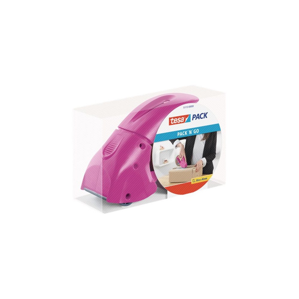 Beiersdorf Tesapack Pack' n' Go - dispenser med förpackningstejp - 48 mm x 50 m - rosa dispenser