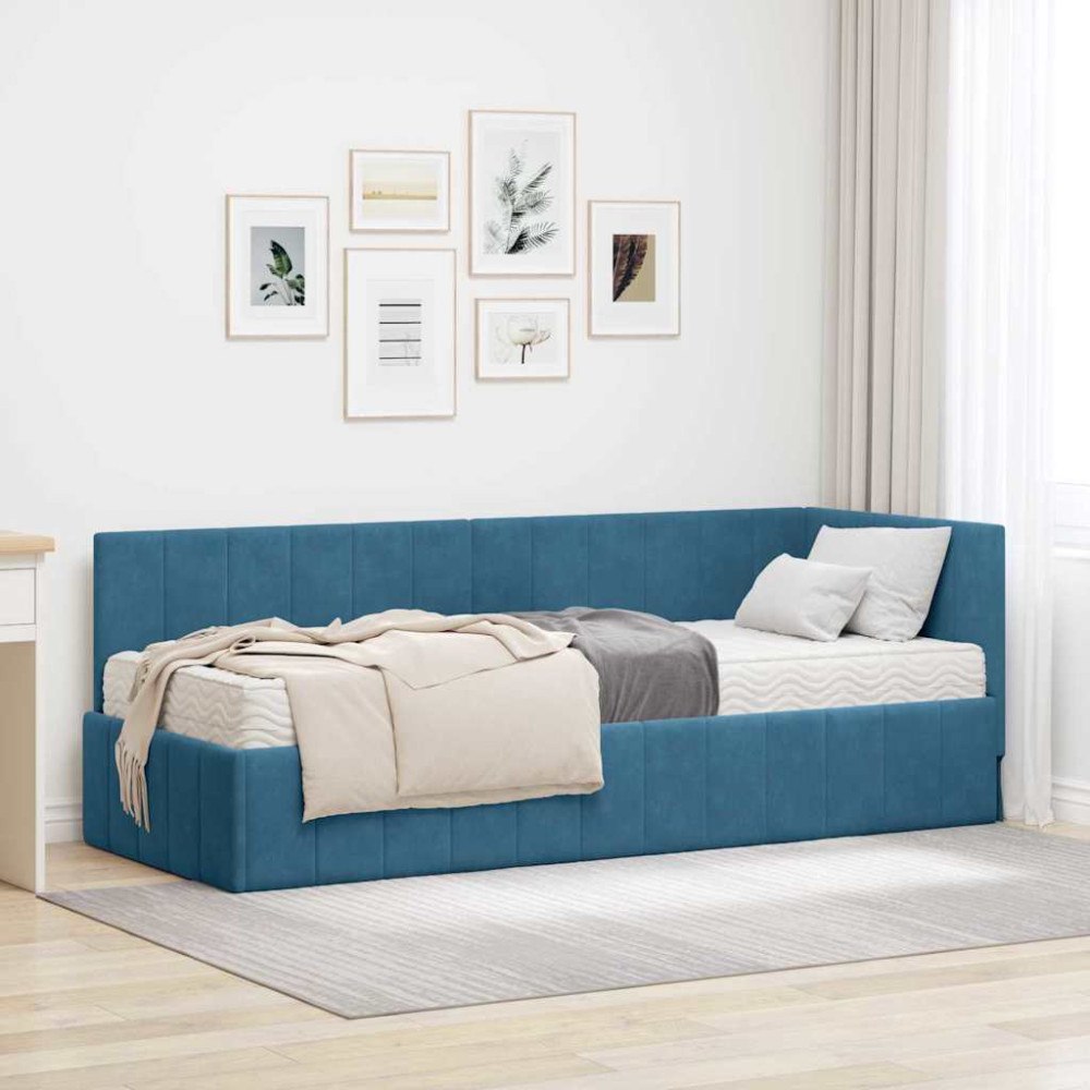 vidaXL Hörn Sängram med madrass med huvudgavel Blå 80 x 200 cm Sammet