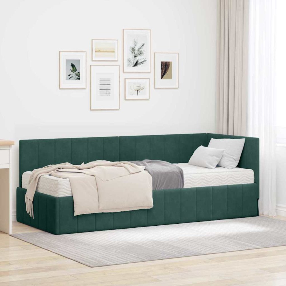 vidaXL Hörn Sängram med madrass Mörkgrön 80 x 200 cm Sammet