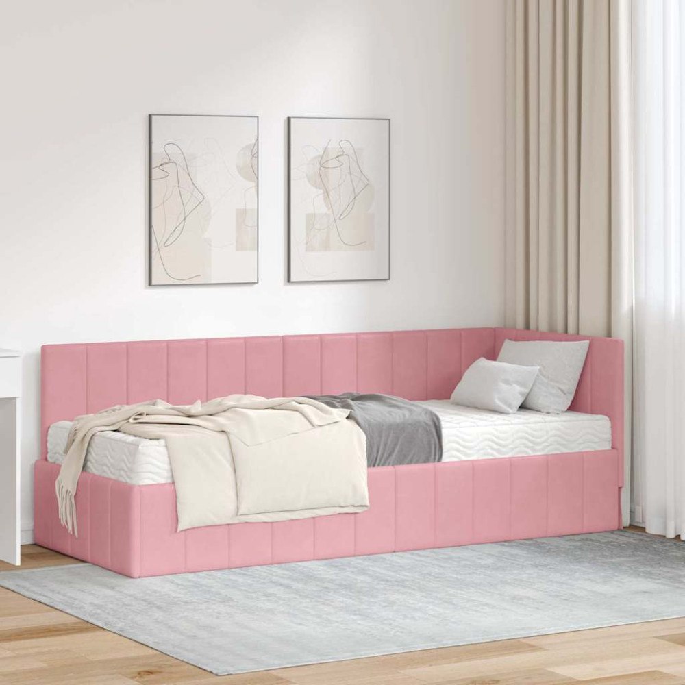 vidaXL Hörn Sängram med madrass med huvudgavel Rosa 80 x 200 cm Sammet