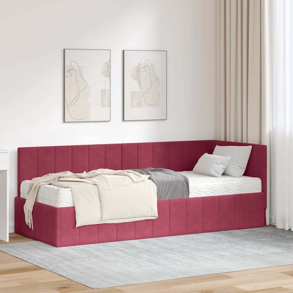 vidaXL Hörn Sängram med madrass Vinröd 80 x 200 cm Sammet