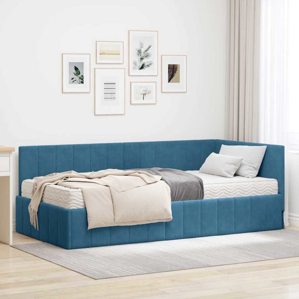 vidaXL Hörn Sängram med madrass med huvudgavel Blå 90 x 190 cm Sammet