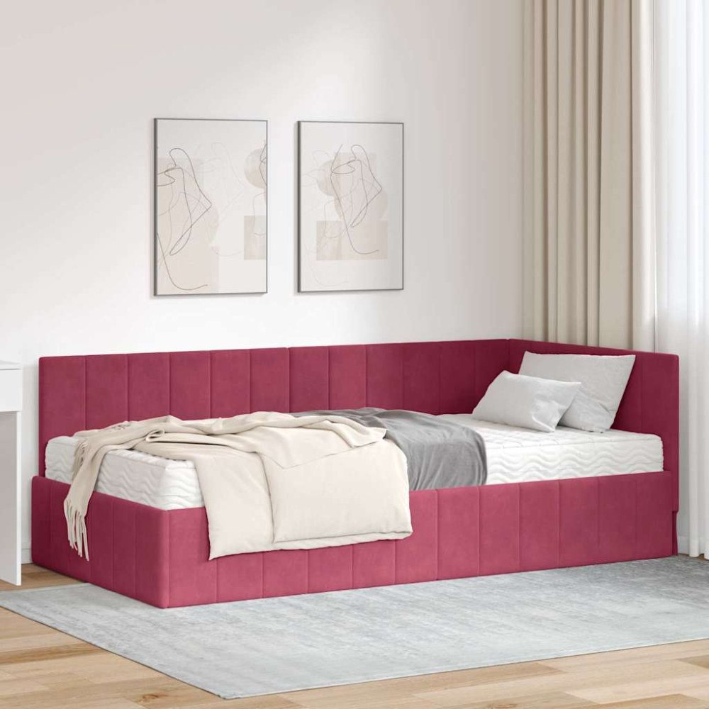 vidaXL Hörn Sängram med madrass Vinröd 90 x 190 cm Sammet