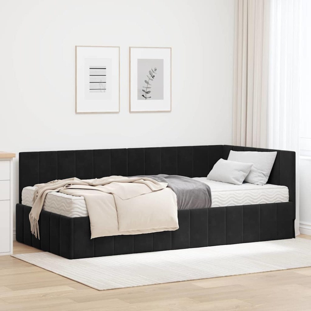 vidaXL Hörn Sängram med madrass Svart 90 x 190 cm Sammet