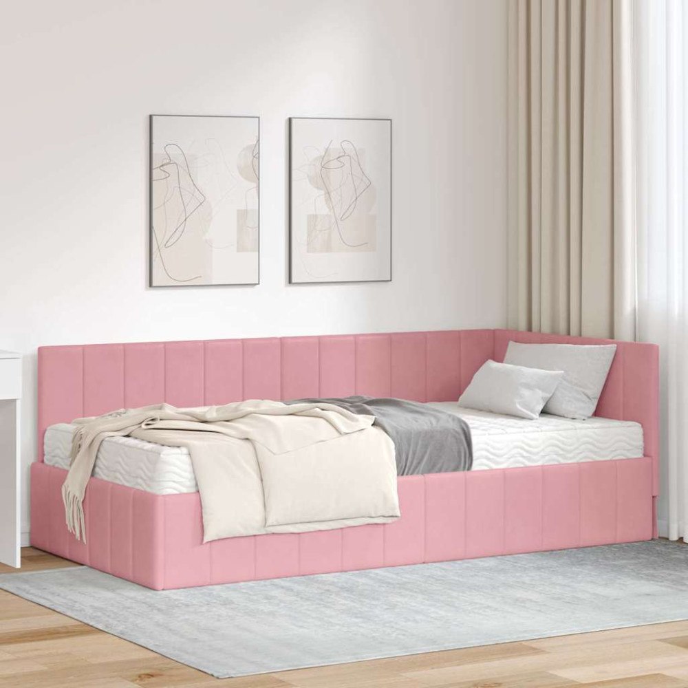 vidaXL Hörn Sängram med madrass med huvudgavel Rosa 90 x 200 cm Sammet