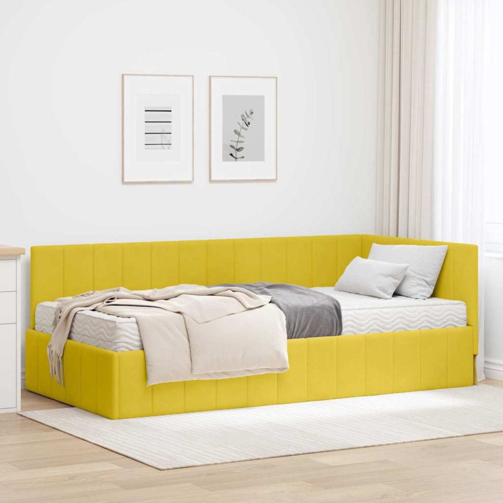 vidaXL Hörn Sängram med madrass med huvudgavel Gul 90 x 200 cm Sammet