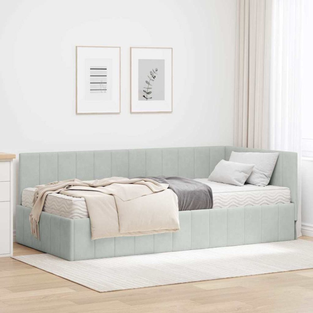 vidaXL Hörn Sängram med madrass Ljusgrå 100 x 200 cm Sammet