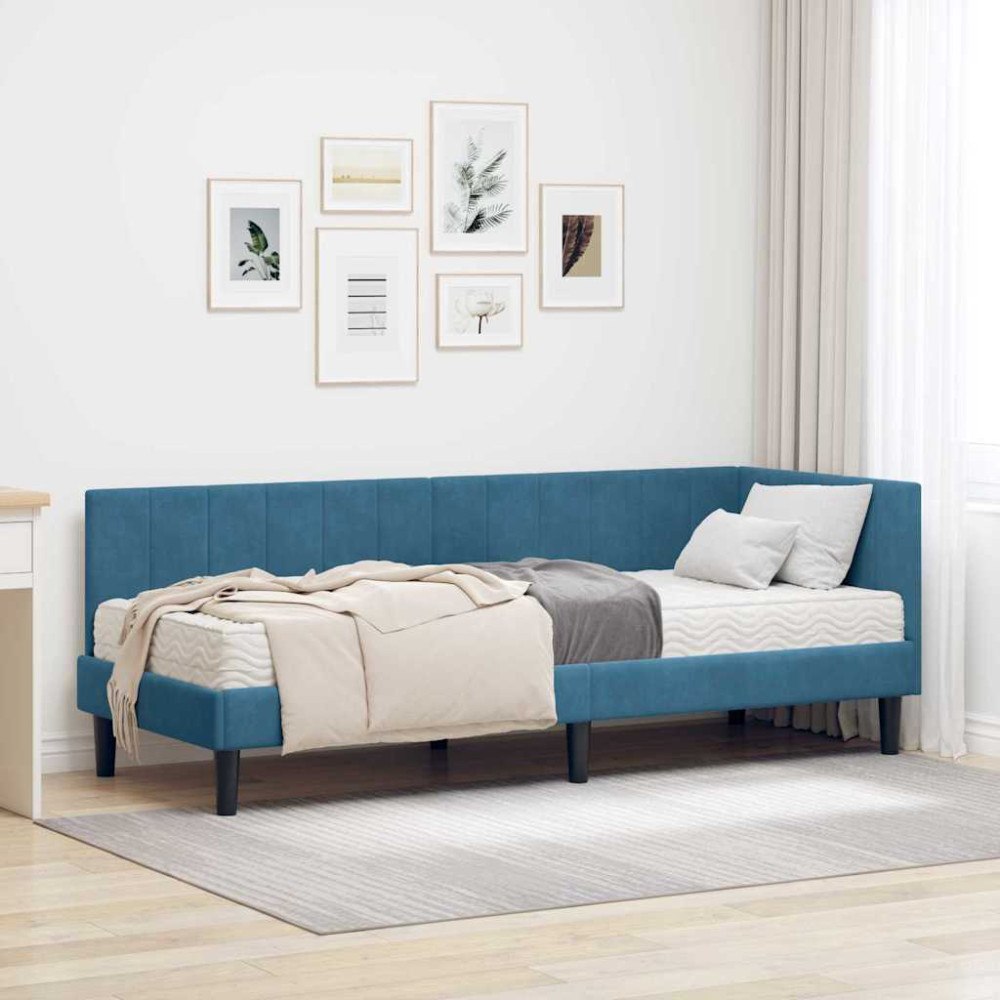 vidaXL Hörn Sängram med madrass med huvudgavel Blå 80 x 200 cm Sammet