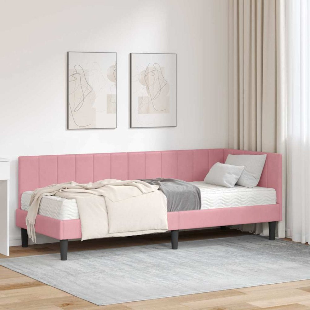 vidaXL Hörn Sängram med madrass med huvudgavel Rosa 80 x 200 cm Sammet