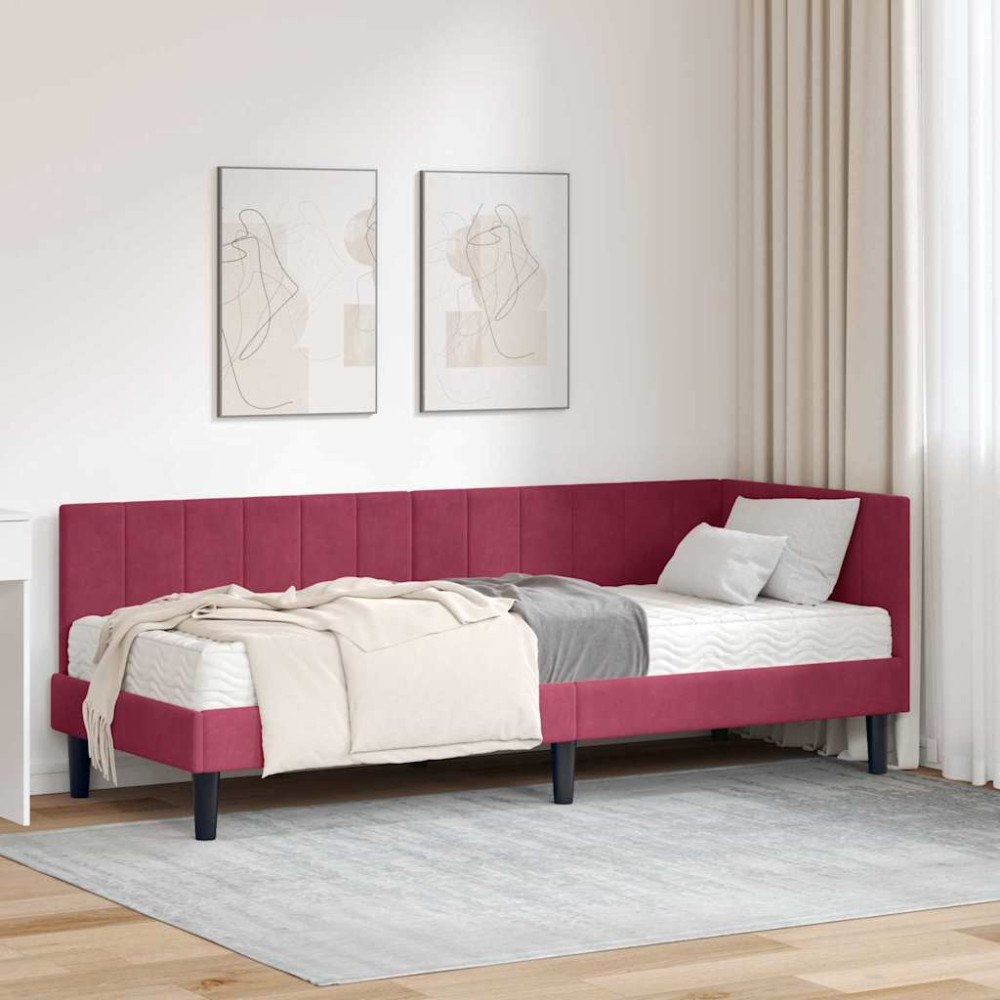 vidaXL Hörn Sängram med madrass Vinröd 80 x 200 cm Sammet