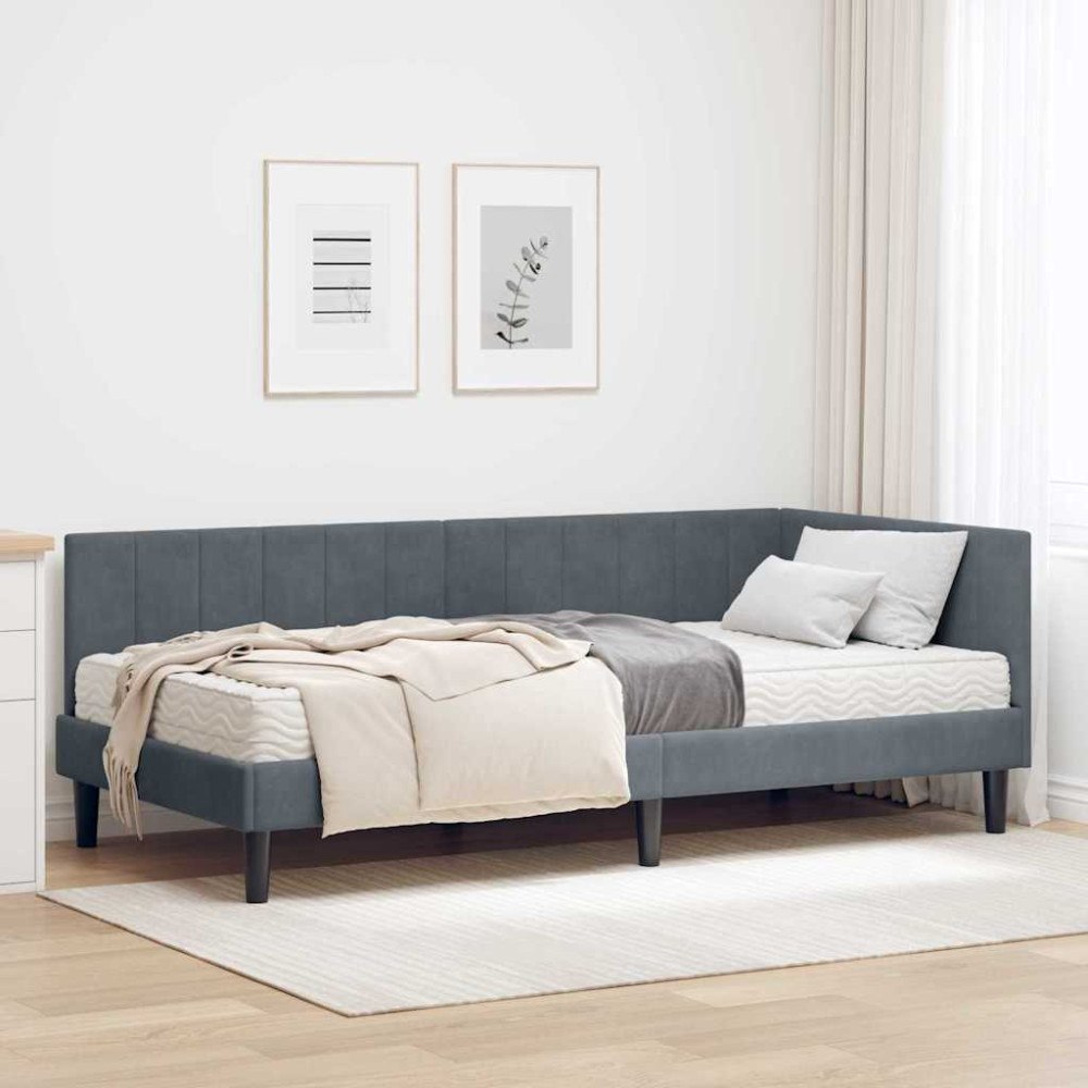 vidaXL Hörn Sängram med madrass Mörkgrå 90 x 190 cm Sammet