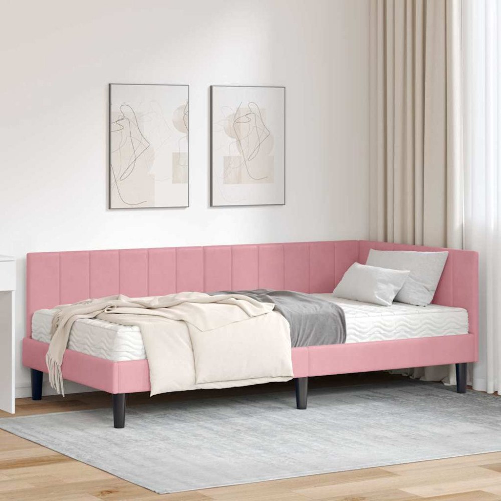 vidaXL Hörn Sängram med madrass med huvudgavel Rosa 90 x 190 cm Sammet