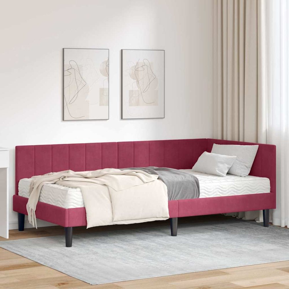 vidaXL Hörn Sängram med madrass Vinröd 90 x 190 cm Sammet