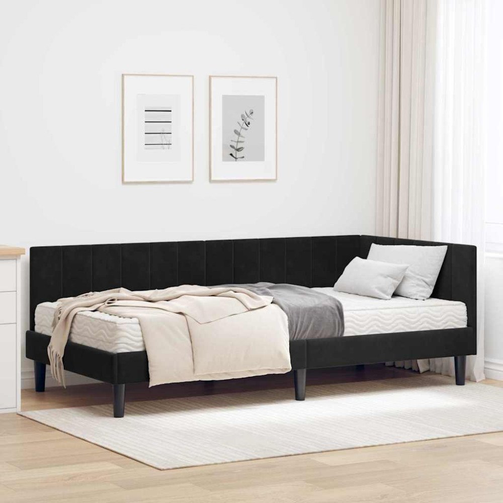 vidaXL Hörn Sängram med madrass Svart 90 x 190 cm Sammet