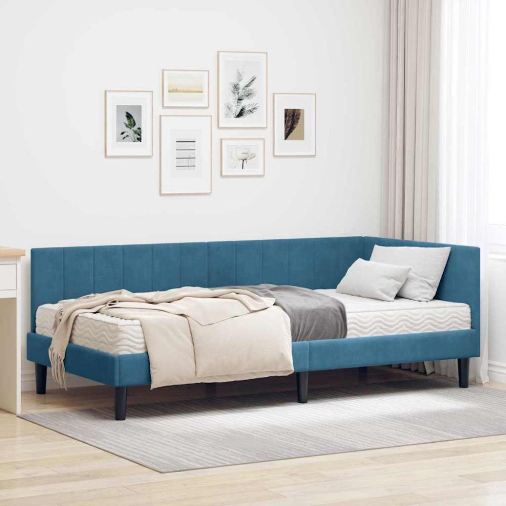 vidaXL Hörn Sängram med madrass med huvudgavel Blå 90 x 200 cm Sammet
