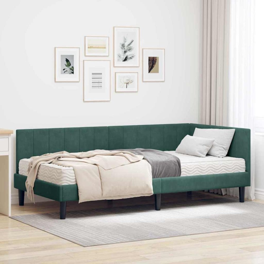 vidaXL Hörn Sängram med madrass Mörkgrön 100 x 200 cm Sammet