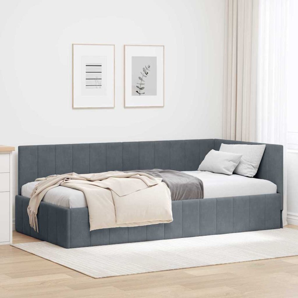 vidaXL Hörn Sängram med huvudgavel Mörkgrå 90 x 190 cm Sammet