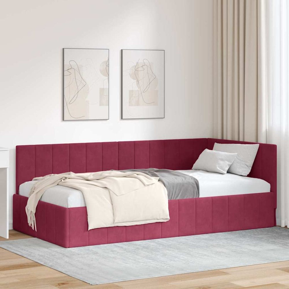 vidaXL Hörn Sängram med huvudgavel Vinröd 90 x 190 cm Sammet