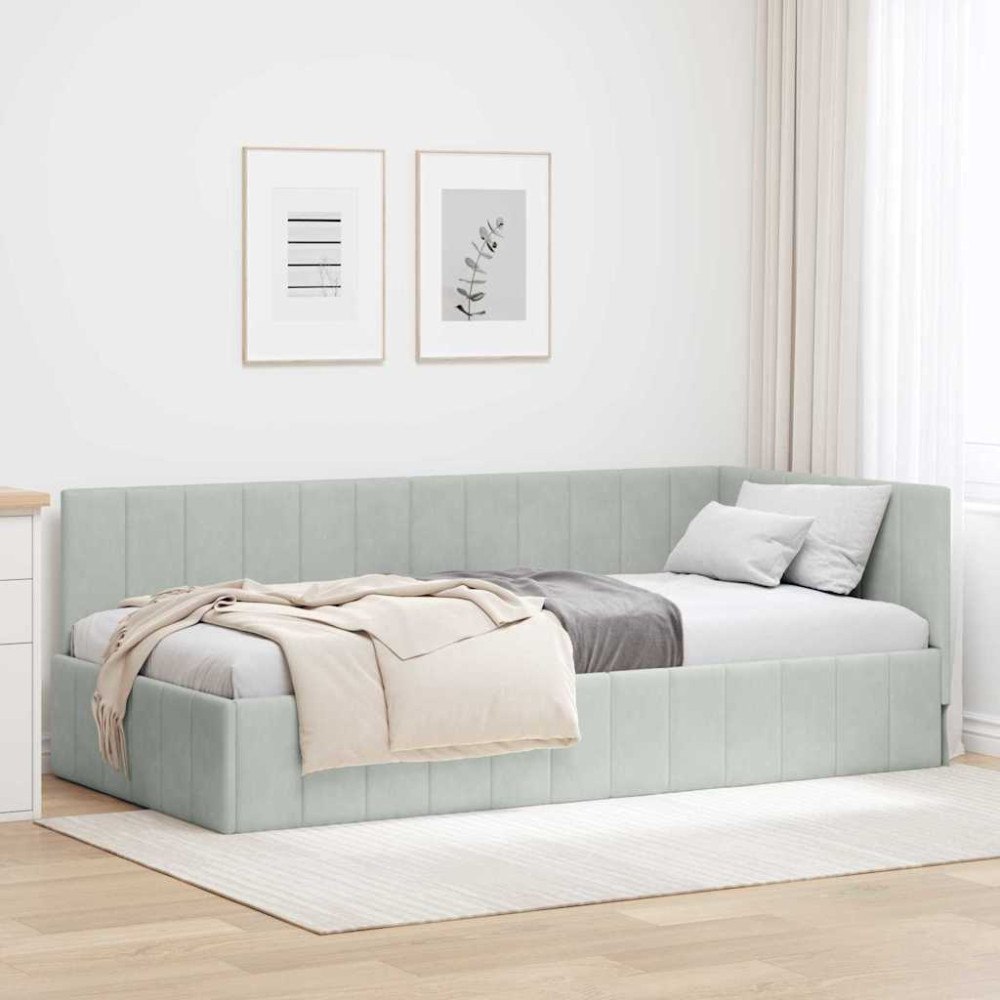 vidaXL Hörn Sängram med huvudgavel Ljusgrå 90 x 200 cm Sammet