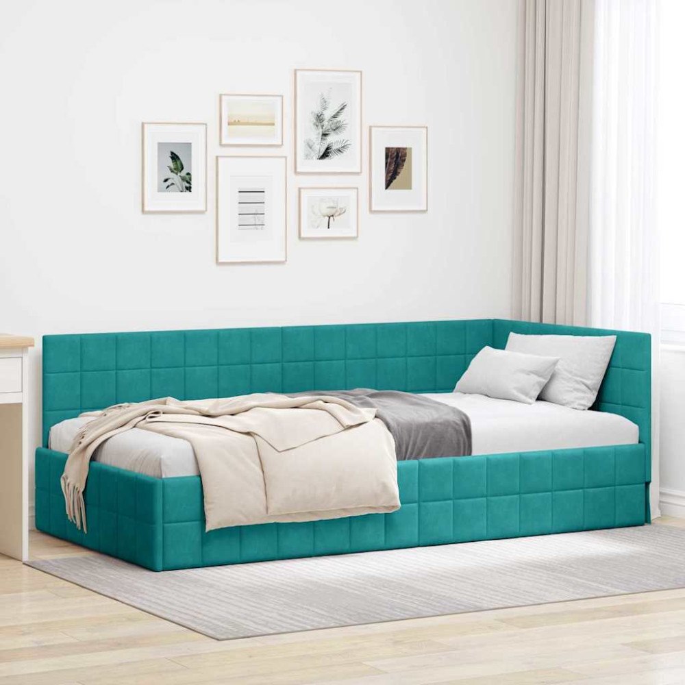 vidaXL Hörn Sängram med huvudgavel Turkos 90 x 190 cm Sammet