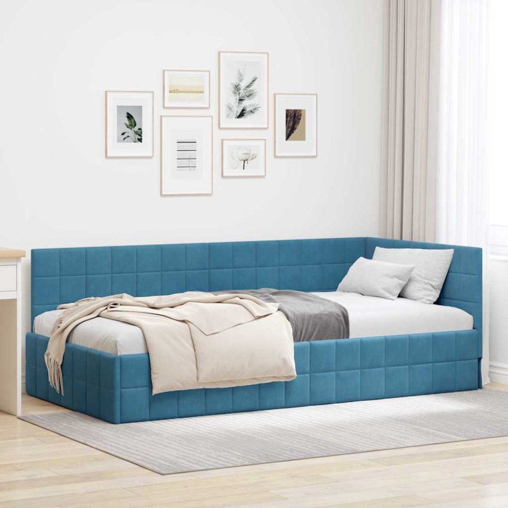 vidaXL Hörn Sängram med huvudgavel Blå 90 x 200 cm Sammet