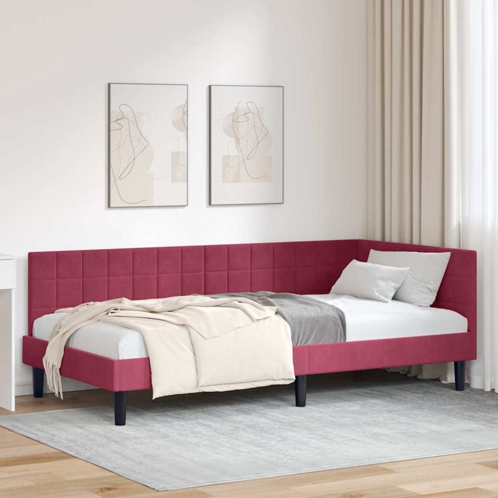 vidaXL Hörn Sängram med huvudgavel Vinröd 100 x 200 cm Sammet