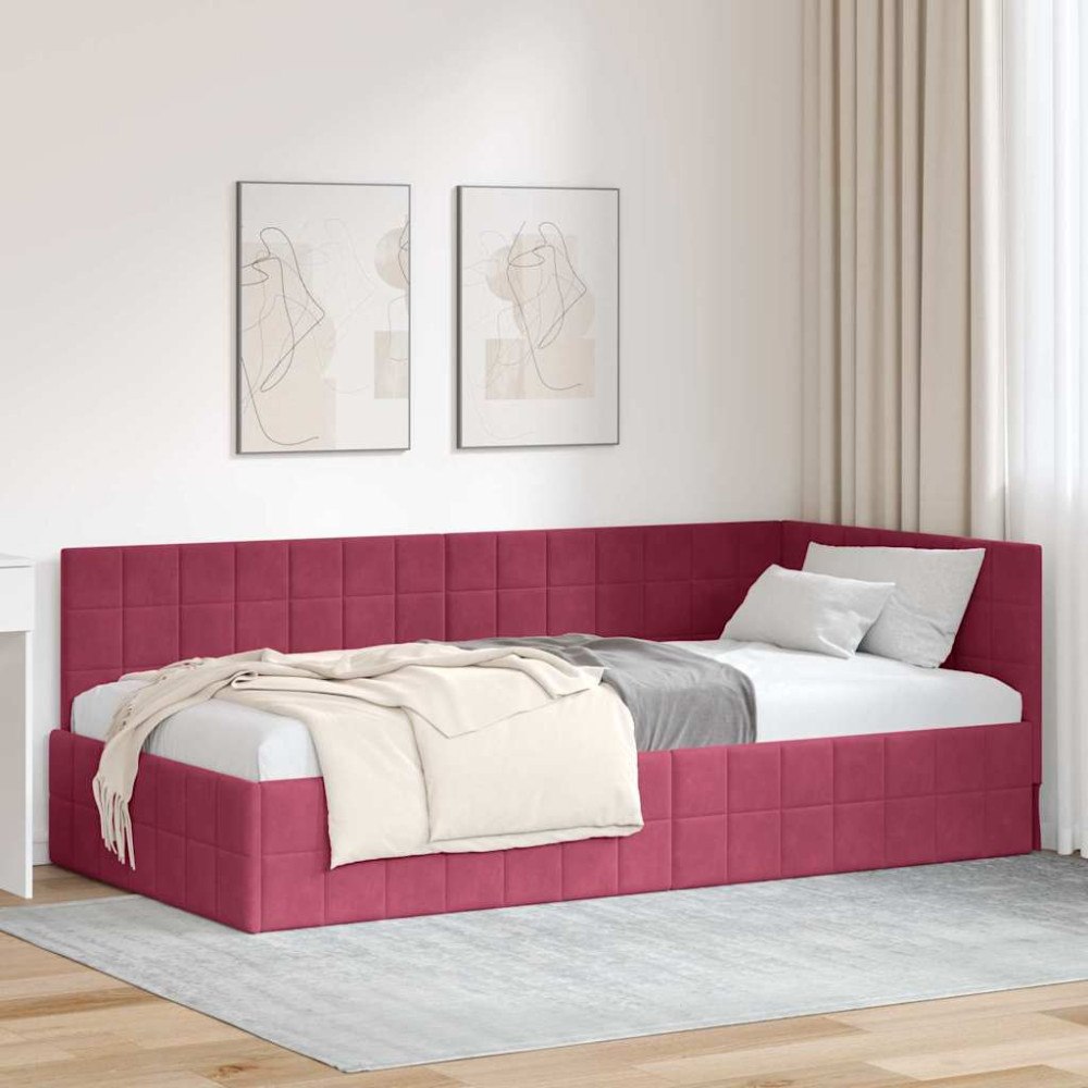 vidaXL Hörn Sängram med huvudgavel Vinröd 90 x 200 cm Sammet
