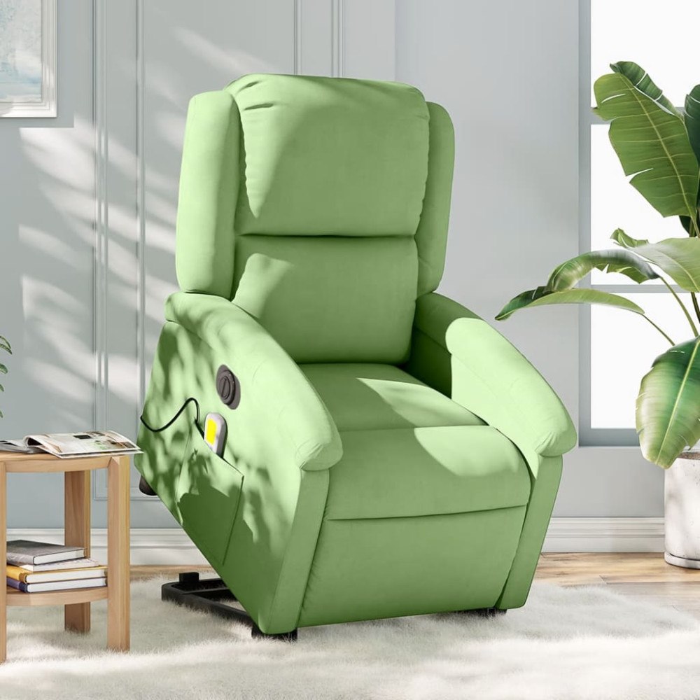 vidaXL Elektrisk massagefåtölj med uppresningshjälp ljusgrön sammet