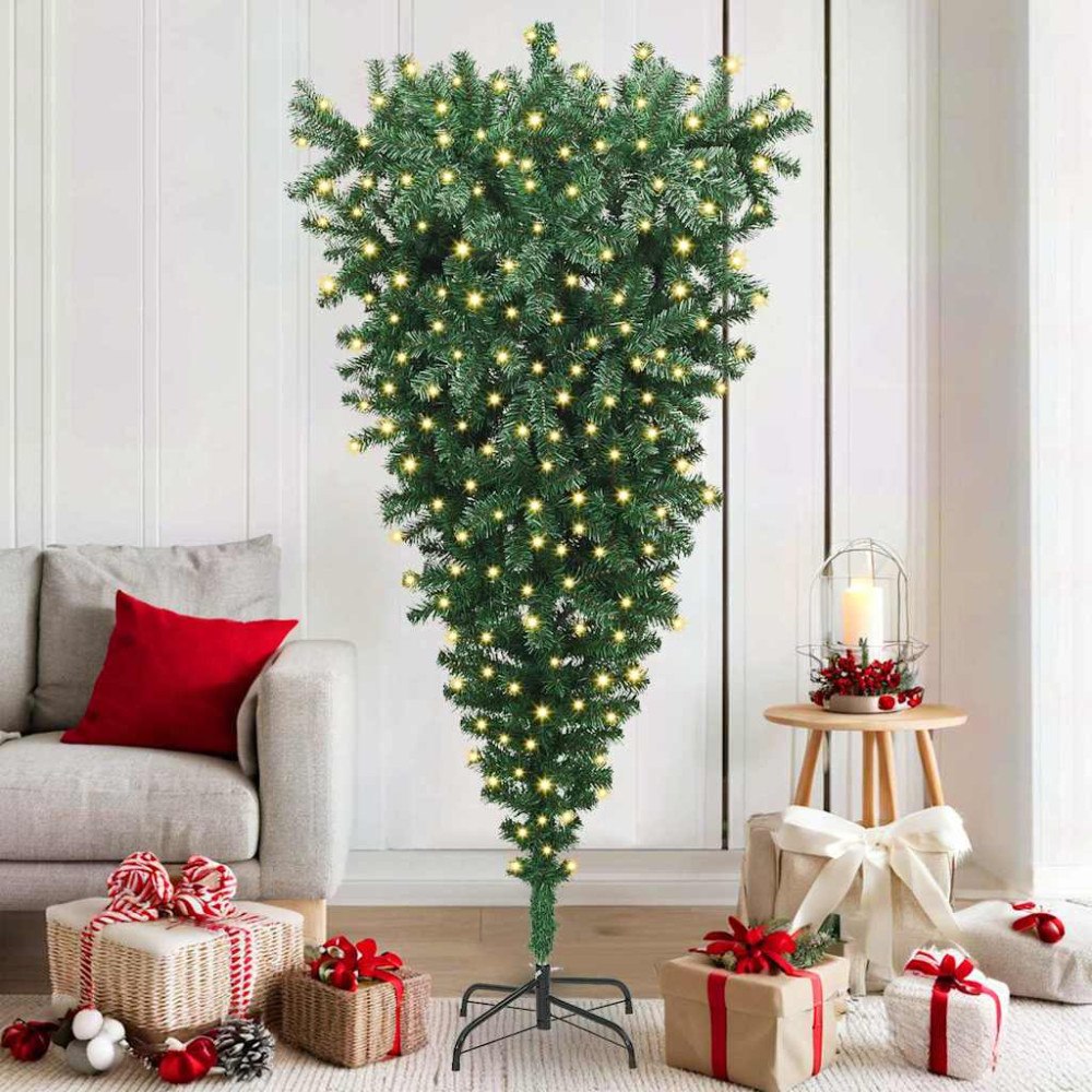 vidaXL Upp-och-ner konstgjord förbelyst julgran Grön 180 cm PVC