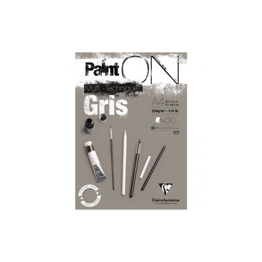 Clairefontaine Paint-On Blok A4 250gram 30 ark gråt papir, multi teknik, to...