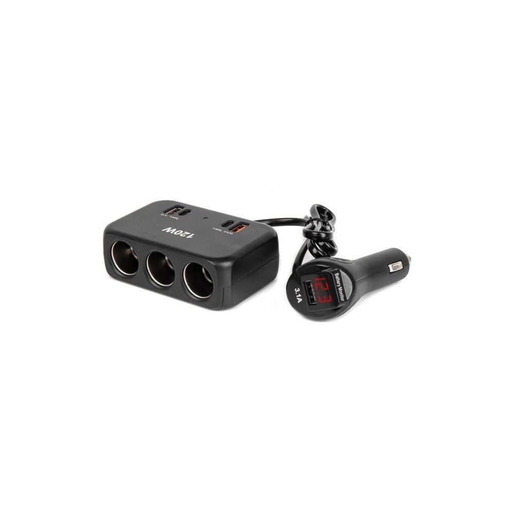 Amio Cigarettändaruttagsplitter med laddare 2x usb-a 1x usb-c qc4...