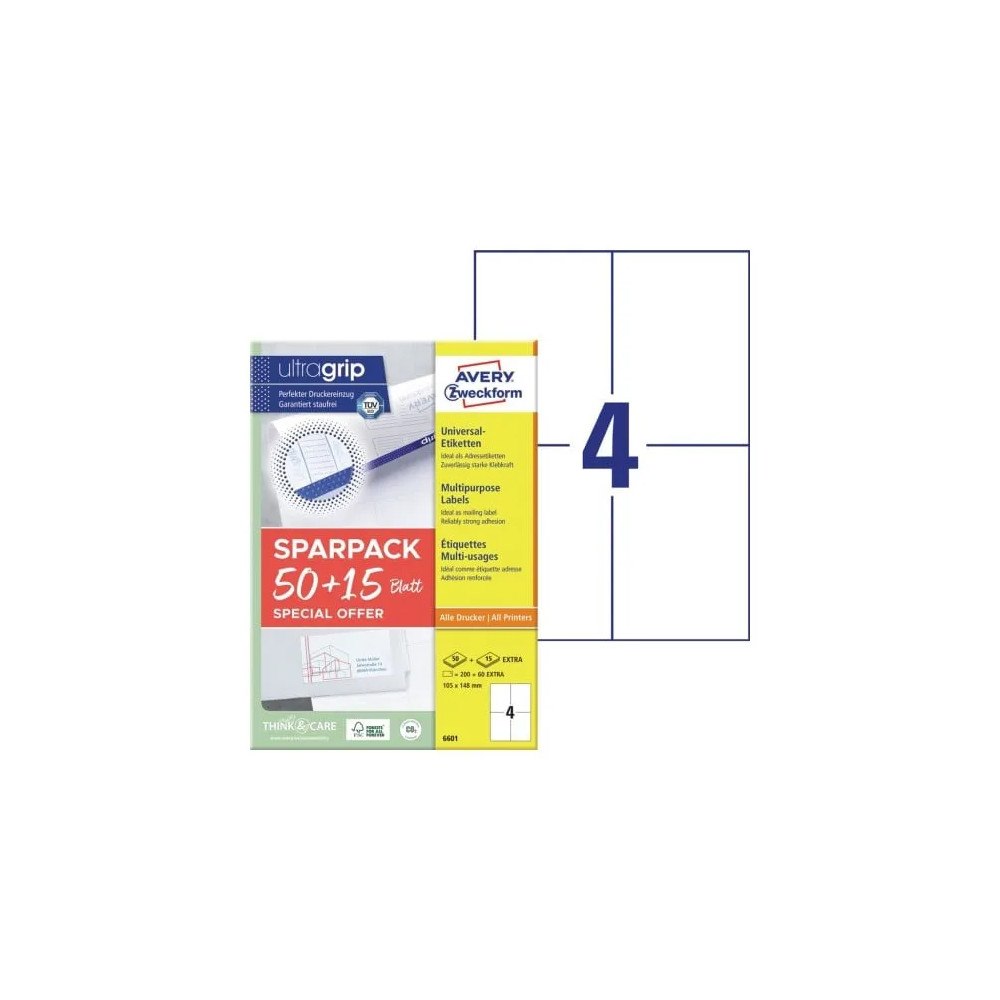 AVERY Universaletiketter Avery 105x148 mm, hvid med Ultragrip +30%...