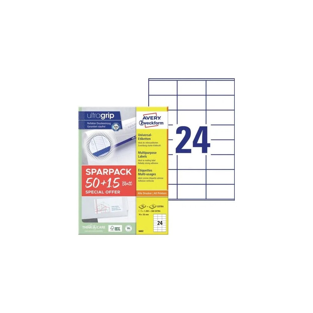 AVERY Universaletiketter Avery 70x36 mm, hvid med Ultragrip + 30%...