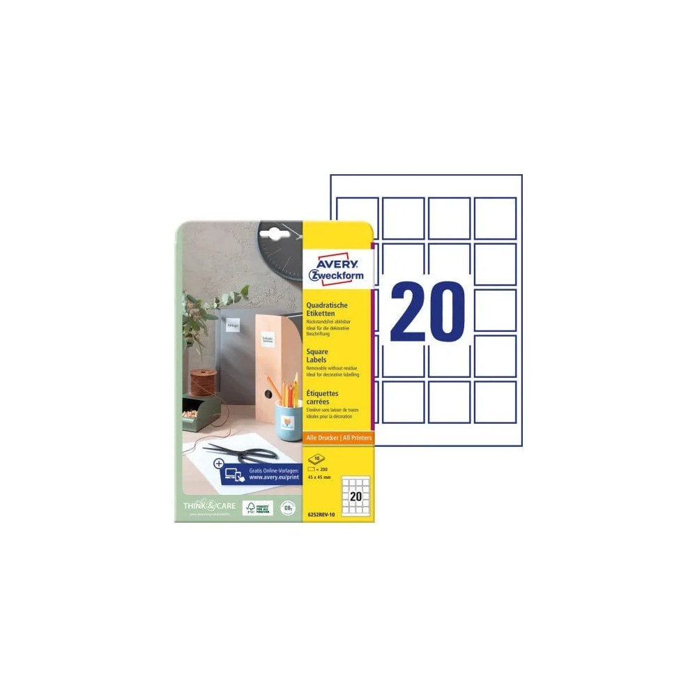 AVERY Avery 6252REV-10 45 x 45 mm, A4, vit Vit Vit 327x219x5mm (10...