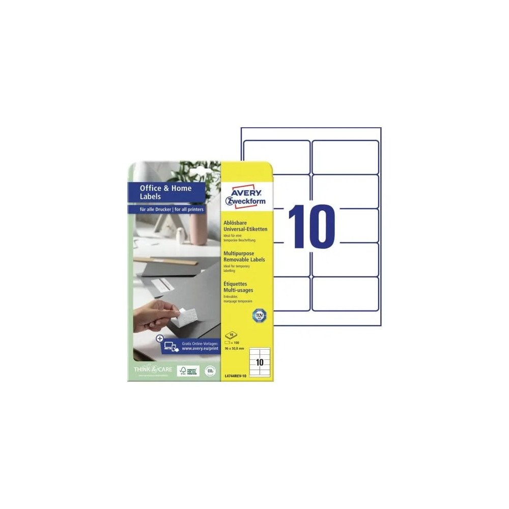 AVERY Avery L4744REV-10, 96 x 50,8 mm, A4, utan lack, vit Vit 327x...