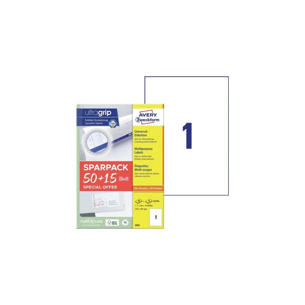 AVERY Universaletiketter Avery 210x297 mm, hvid med Ultragrip +30%...