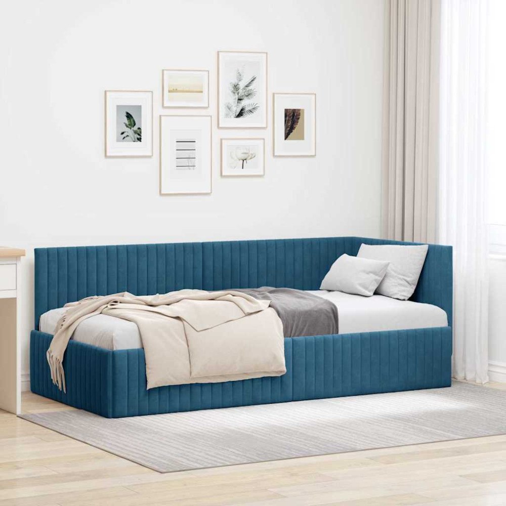 vidaXL Hörn Sängram med huvudgavel Blå 90 x 190 cm Sammet
