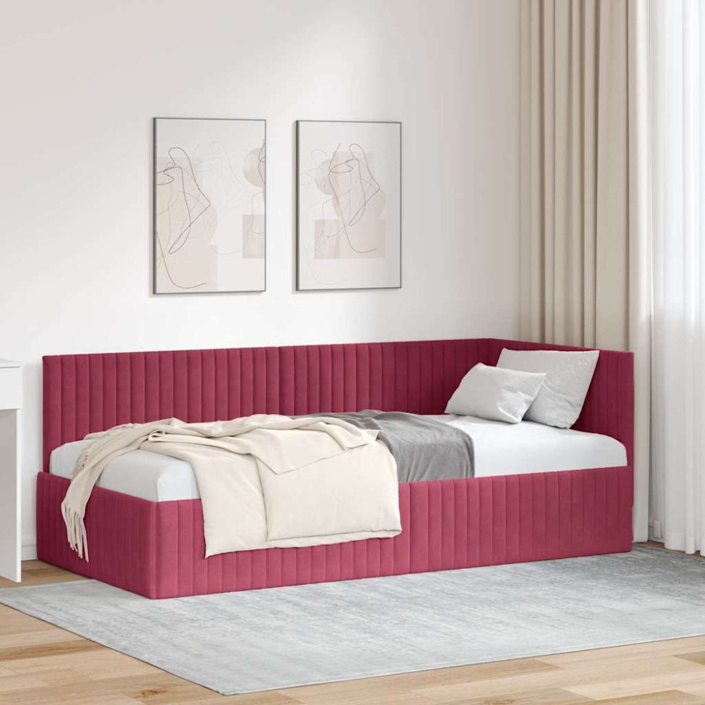 vidaXL Hörn Sängram med huvudgavel Vinröd 90 x 190 cm Sammet