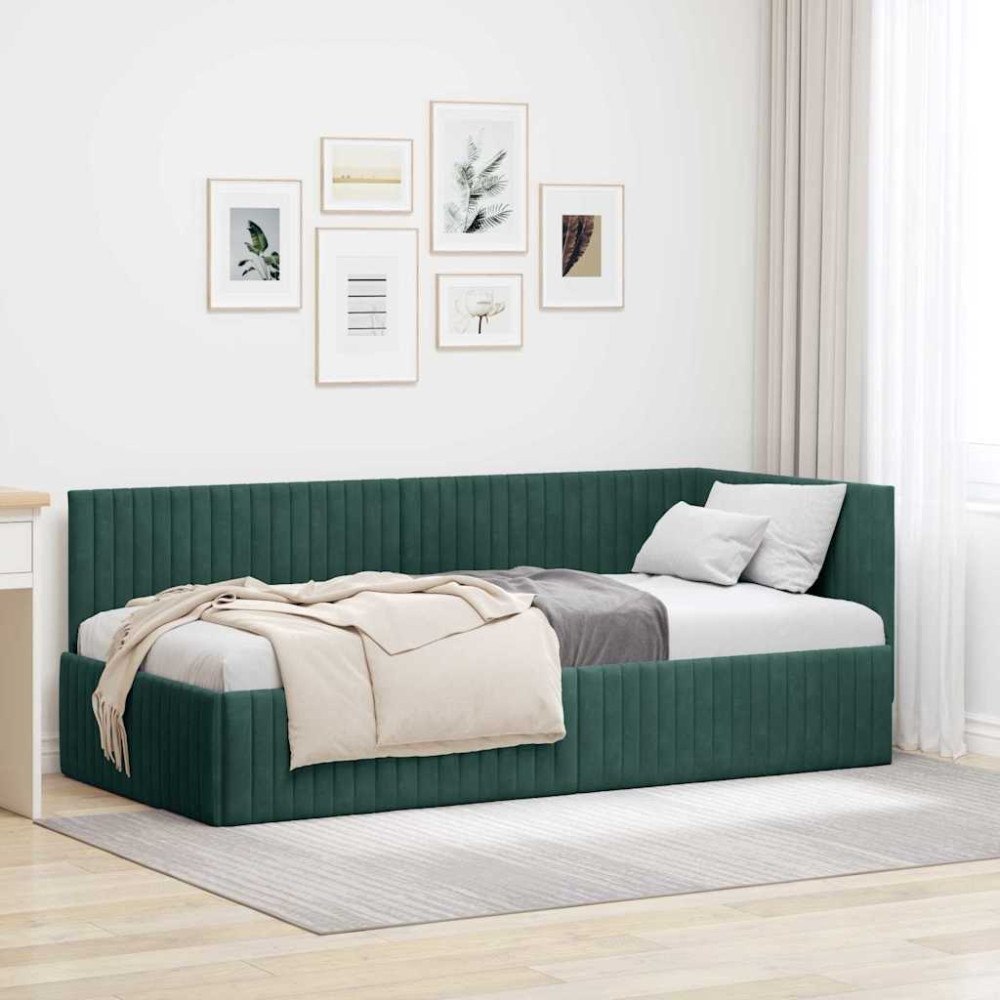 vidaXL Hörn Sängram med huvudgavel Mörkgrön 90 x 200 cm Sammet