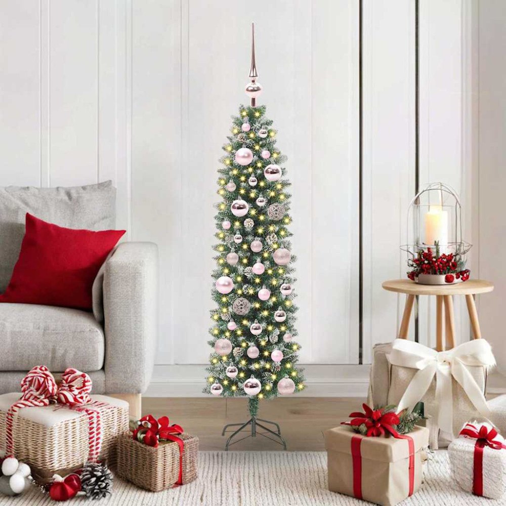 vidaXL Konstgjort smalt julträd med 150 LED-lampor Grön och vit 120 cm