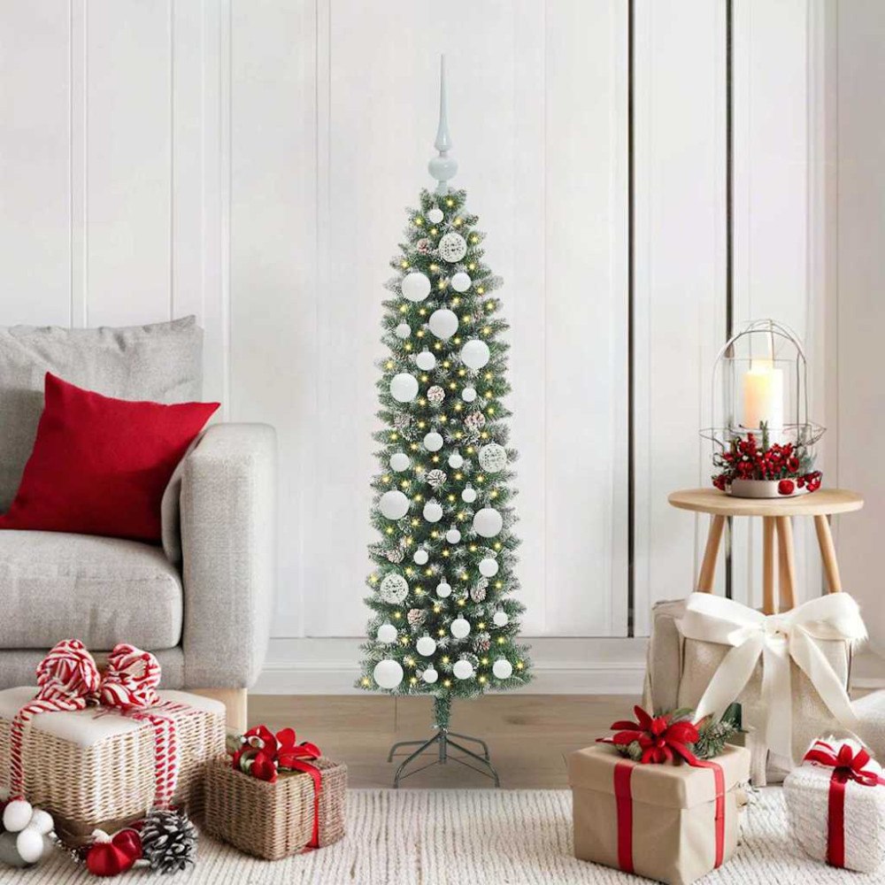 vidaXL Konstgjort smalt julträd med 150 LED-lampor Grön och vit 120 cm