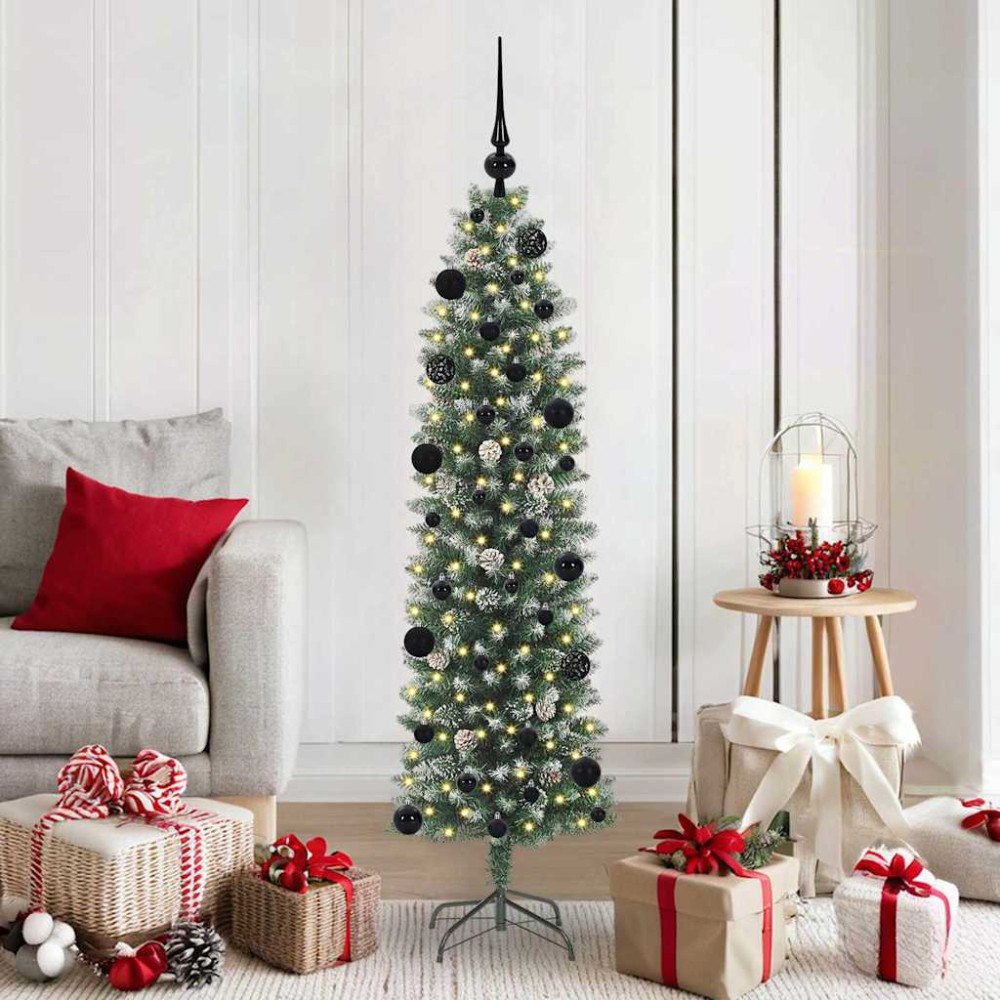 vidaXL Konstgjort smalt julträd med 150 LED-lampor Grön och vit 150 cm